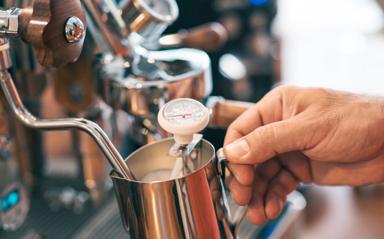 Barista is using temperature tool to prepare milk in milk frother.
