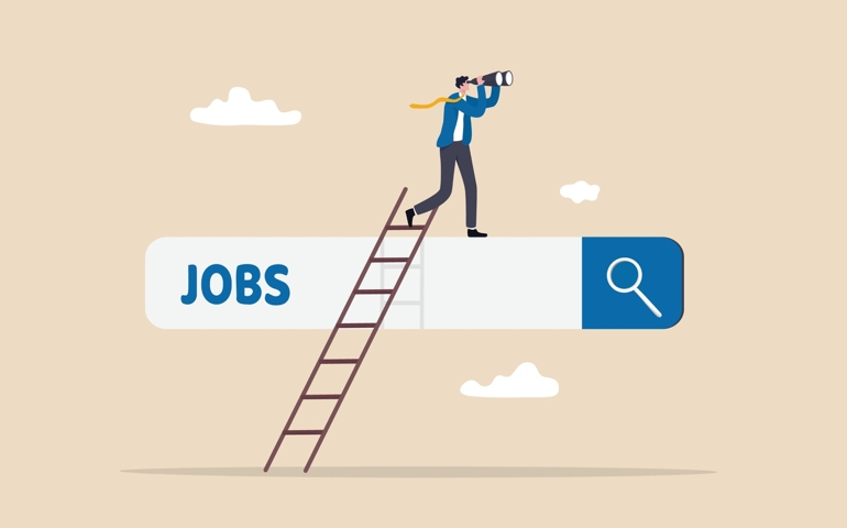 Looking for new job, employment, career or job search, find opportunity, seek for vacancy or work position concept, businessman climb up ladder of job search bar with binoculars to see opportunity.