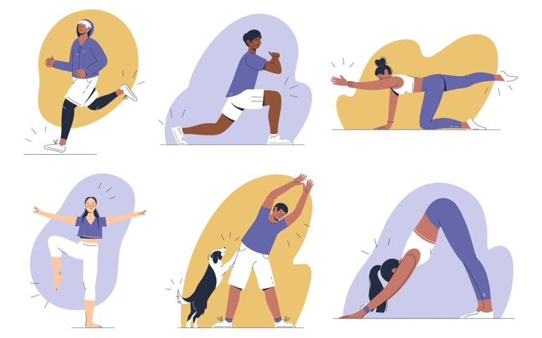 Set of Illustrations of a young women amd men doing stretching excercise, workout, fitness concept