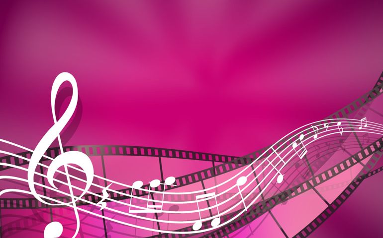 cinema and music background with filmstrips and treble clef with sound notes, soundtrack background with waving musical lines and note. vector illustration
