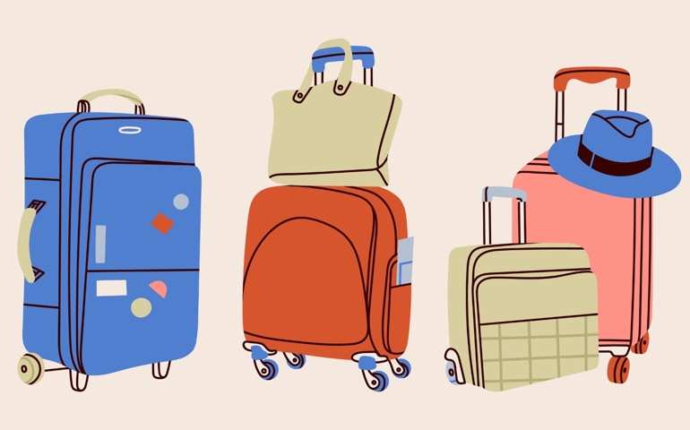 Various luggage bags, suitcases, baggage, travel bags. Vacation, travel, holiday concept. Hand drawn Vector set. Colorful trendy illustration. Cartoon style. Flat design. All elements are isolated