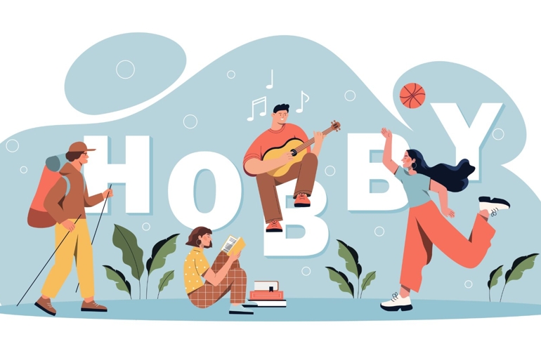 Hobbies and entertainment concept. Large inscription with people playing volleyball, reading book, going camping and playing guitar. Favorite activity and relaxation. Cartoon flat vector illustration