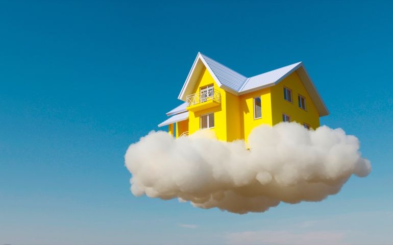 3d illustration of flying yellow house on the cloud with blue sky on background.
