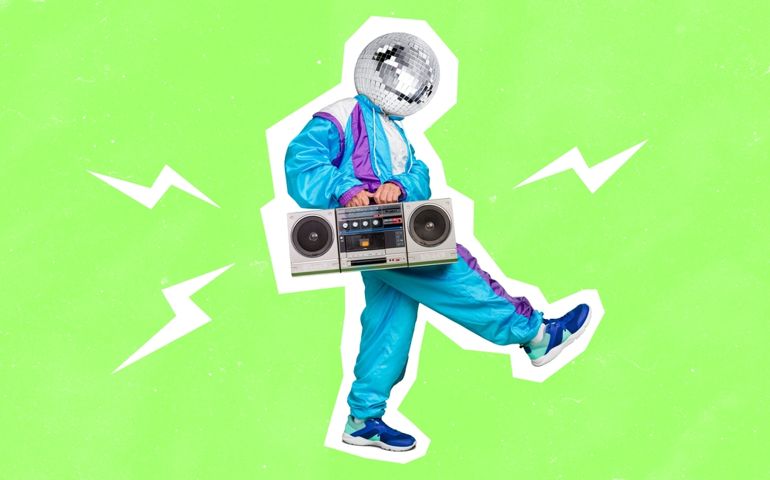 Illustration of male dude walking dancer hold boom box player