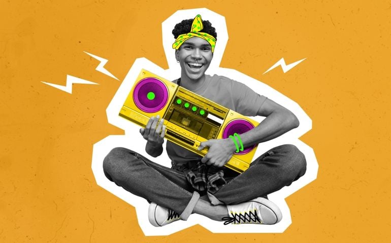 Composite drawing illustration of man sitting hold radio boombox enjoy music isolated on yellow background