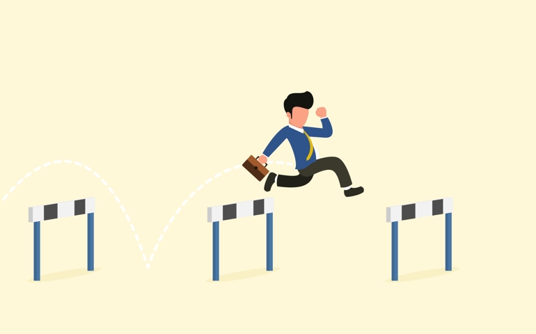 Businessman jump over hurdles. Overcoming obstacles. Overcoming obstacles to reach better goals. Business Concept.