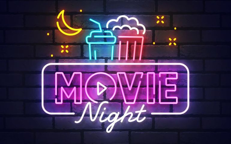 Movie neon sign, bright signboard, light banner. Movie Night logo neon, emblem. Vector illustration