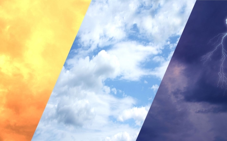 blurred blue sky with clouds, dramatic stormy sky with dark clouds, lightning flashes over the night sky, heat wave. Concept on the theme of weather forecast, photo collage, natural basis for designer