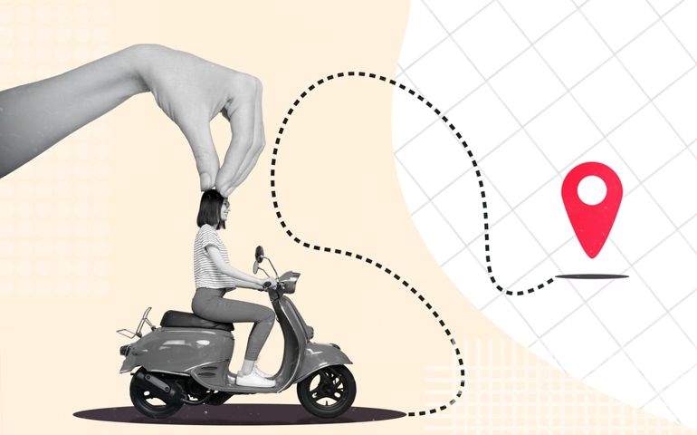 3d retro abstract creative artwork template collage of arm palm mowing lady driving moped isolated beige color background