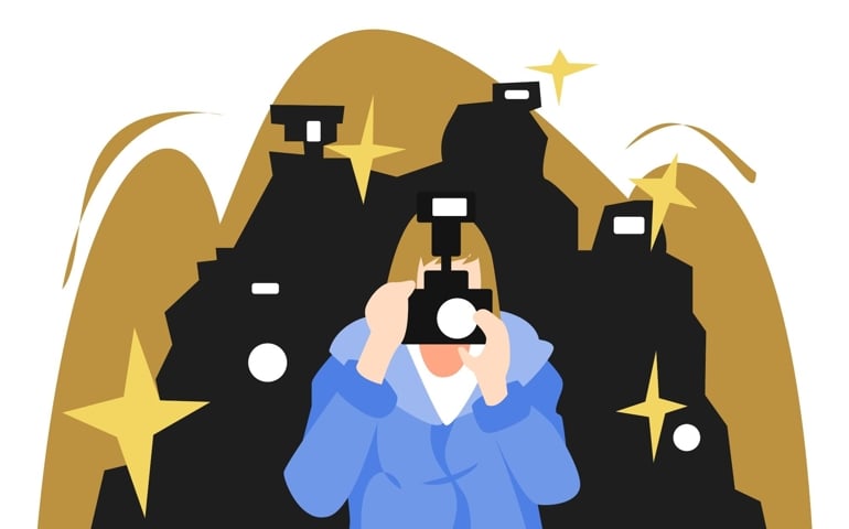 illustration of paparazzi taking pictures with camera. flash. many paparazzi silhouettes. celebrity, actress, actor, profession concept.