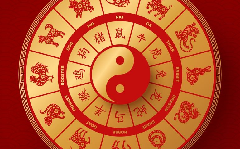 Golden chinese zodiac wheel with twelve animals and hieroglyphs isolated on red background.