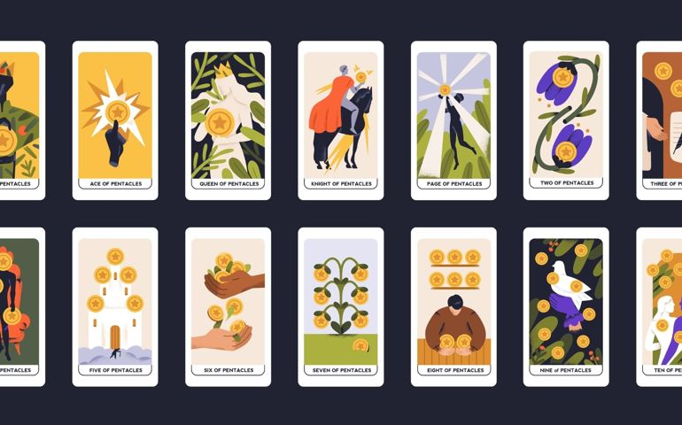Suit of Coins in occult tarot cards deck. Minor arcanas designs set with Ace, Knight, King, Queen, Page of Pentacles signs and symbols in modern style. Isolated colored flat vector illustrations