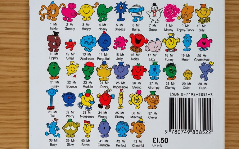 CHESTER, UNITED KINGDOM - JULY 31ST 2022:Rear cover of a Mr Men series book showing all the different Mr Men Characters