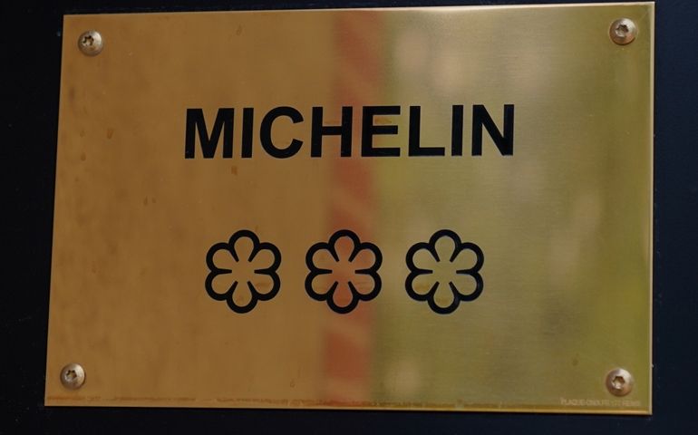 TINQUEUX, FRANCE - MAY 27, 2022: Three Star Michelin Guide plaque at the Three Star Michelin L'Assiette Champenoise restaurant run by famous Chef Arnaud Lallement in a family run hotel