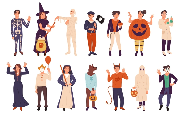 Halloween people wearing masquerade costumes, fall holiday party.