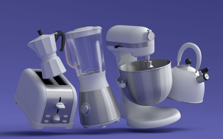 Electric kitchen appliances and utensils for making breakfast on violet background. 3d render of kitchenware for cooking, baking, blending and whipping