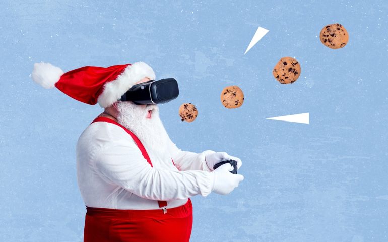 Creative photo 3d collage artwork poster postcard of old man feel young video game look flying sweets isolated on painting background