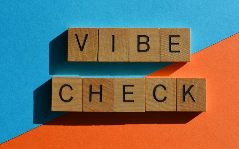 Vibe Check, Get Z buzzword meaning an evaluation of someones emotional state in wooden alphabet letters isolated on bright background