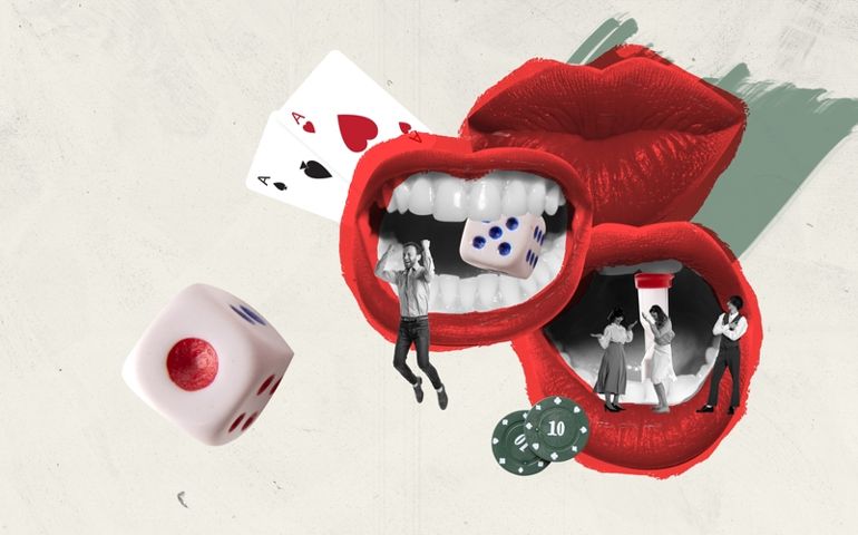 Contemporary artwork. Creative design. Group of young people addicted to online casino games and betting. Money winning. Concept of game, hobby, leisure time, intellectual game strategy, creativity