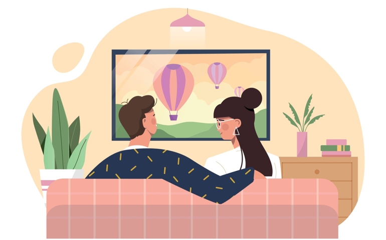 People watching TV. Man and woman sit on couch and look at screen. Young couple resting after work or study. Characters watching movies and series in evening.
