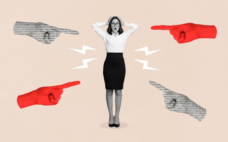 Creative collage of big arms fingers point mini black white colors girl blame accuse isolated on beige background