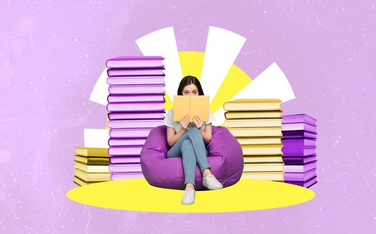 Composite collage image of girl sitting beanbag read book cover face isolated on creative painted background