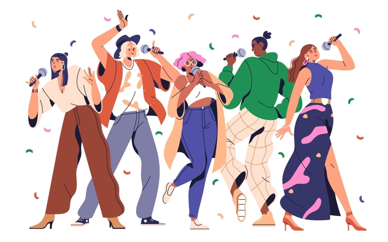 People at karaoke party. Amateurs singers singing songs, holding microphones. Young happy men, women at live music performance in club. Flat graphic vector illustration isolated on white background