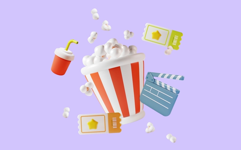 3d Cinema Movie Concept Popcorn Bucket with Elements Around Plasticine Cartoon Style. Vector illustration of Leisure Film