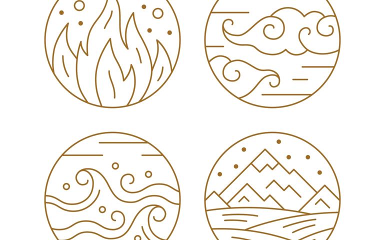Four elements of nature thin line symbols set. Water, fire, earth, air golden signs vector illustration on white background