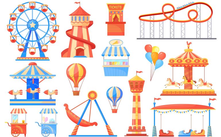 Fairground attractions. Carnival carousel and adult attraction on festival amusement park, fantasy swing rollercoaster playground wheel cartoon roundabout, vector illustration of carnival amusement