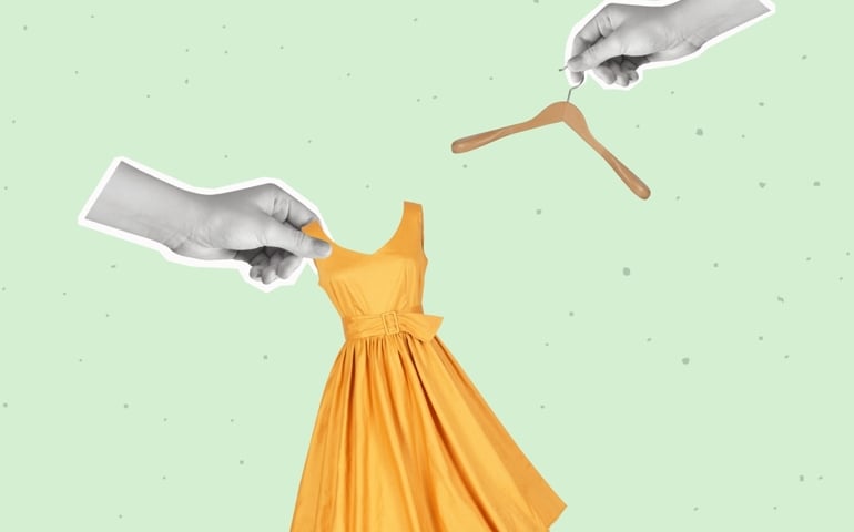 Contemporary art collage of hands holding dress and coat hanger. The concept of women's fashion clothes. Modern design.
