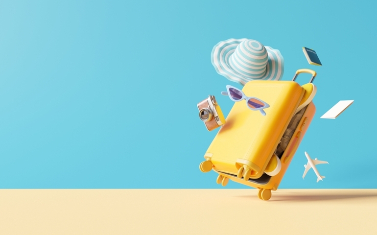 Suitcase with travel accessories on blue background. 3d rendering