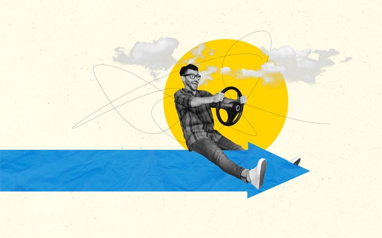 Creative template collage of young guy sit blue arrow directing making his route commute drive steering wheel