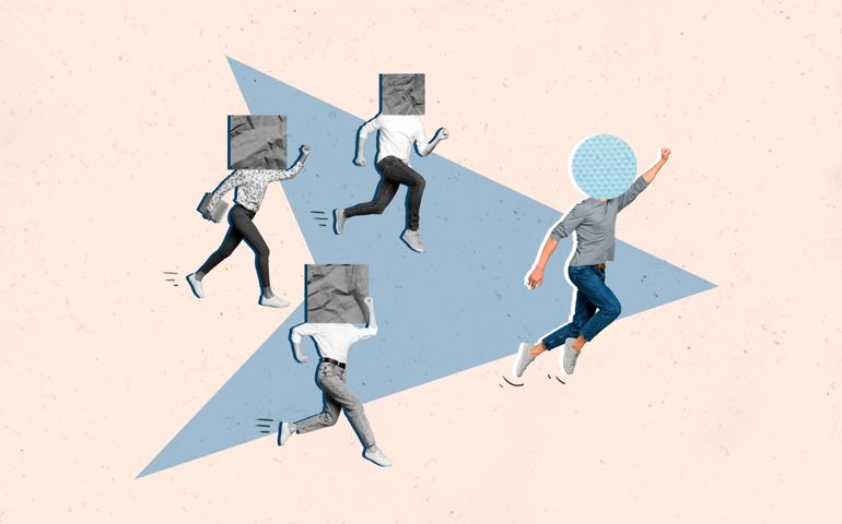 Conceptual collage four workers have geometric figures instead heads corporate competitive atmosphere running career promotion