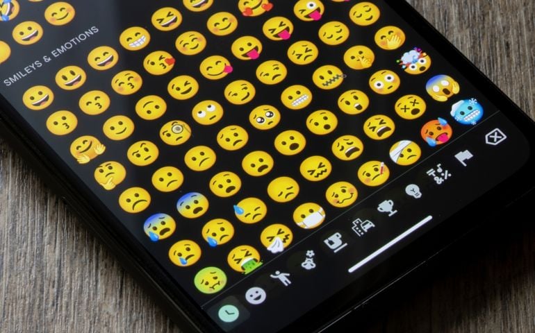 Portland, OR, USA - Jan 22, 2023: Assorted emojis are seen in the Messages app on a Google Pixel smartphone.