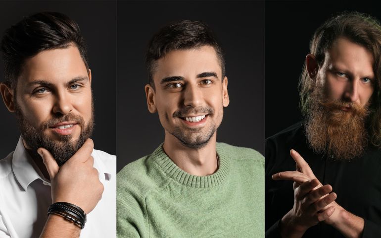 Collage of different modern men on dark background