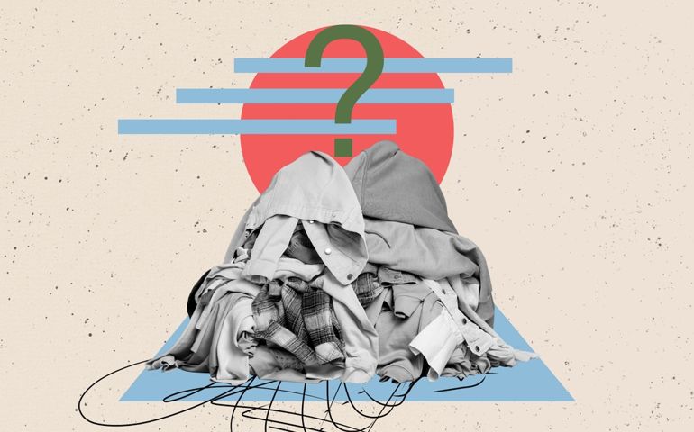 Collage picture of black white colors pile stack dirty clothes big question mark isolated on painted background