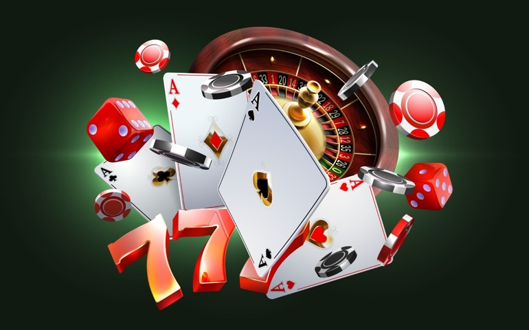 Gambling vector design. Game design, flyer, poster, banner, advertisement. Casino Illustration with roulette wheel , poker cards , dices , slot machine .
