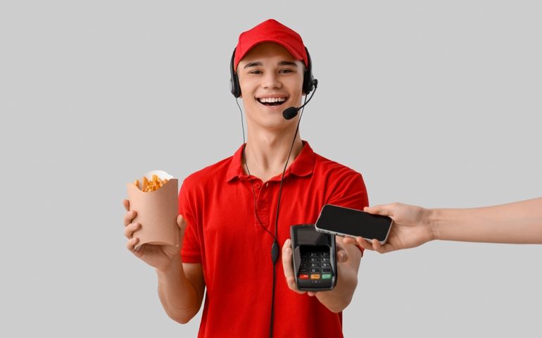 Male worker with french fries taking payment on light background
