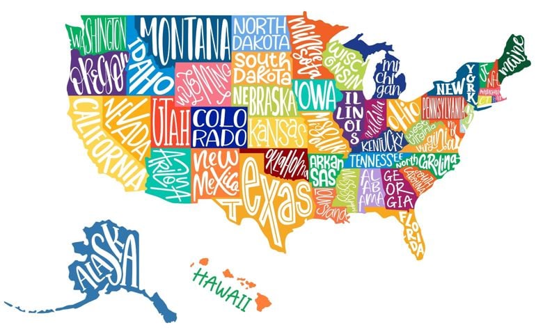 USA MAP. United States of America with script text state names. Flat color vector illustration. American map for poster, banner, t-shirt, tee. Design USA typography map with states names.