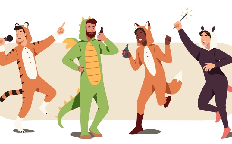 Animal character costumes pajama party set. Happy men, women friends in funny clothes dancing. Slumber party, sleepover fun, weekend celebration in jumpsuits. Person flat vector illustration