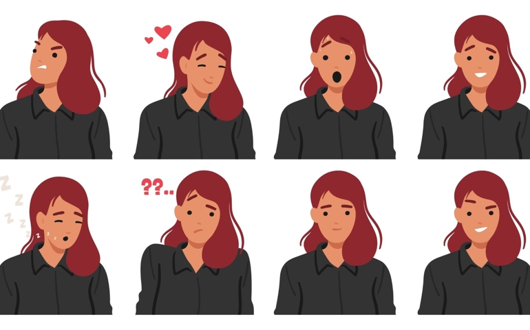 Woman Emotions Vary. Joy Beams From Her Smile, Sadness Clouds Her Eyes, Determination Fuels Her Gaze, And Love Radiates In Tender Moments, Creating A Dynamic Emotional Spectrum of Cartoon Character