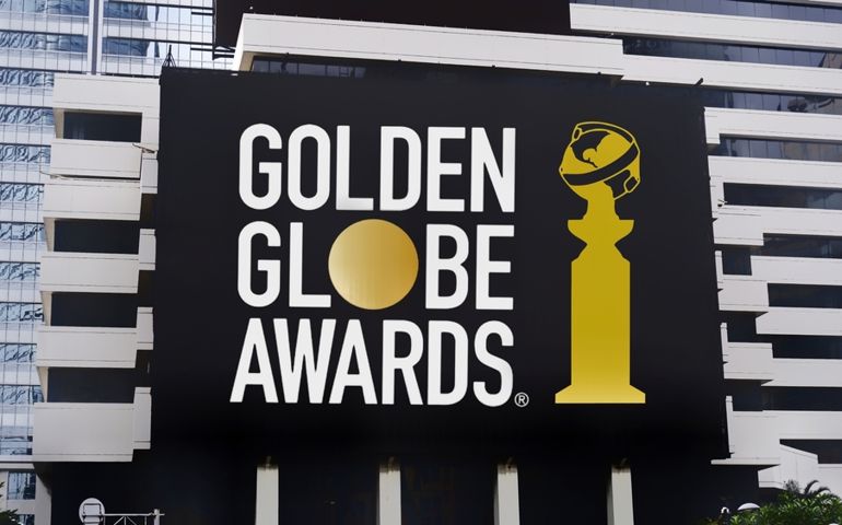 Jakarta - November 23,2023: The Golden globe awards logo seen on billboard. Golden globe awards honored the best in film and American television, as chosen by the Hollywood Foreign Press Association