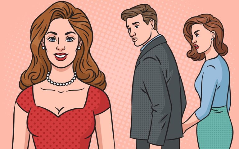 meme guy looking at another girl meme pop art retro hand drawn raster illustration. Comic book style imitation.