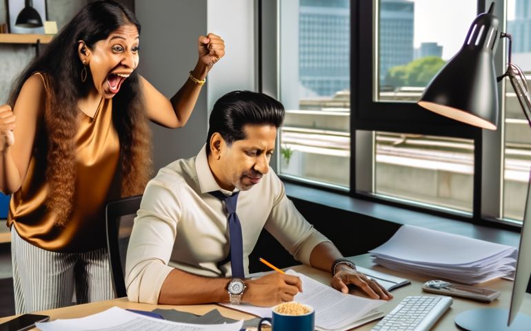 woman cheering on man at work