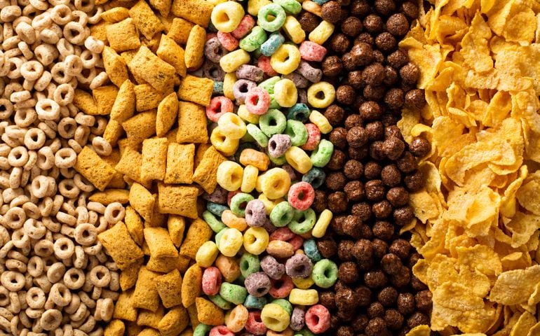 Variety of cold cereals, quick breakfast for kids overhead shot