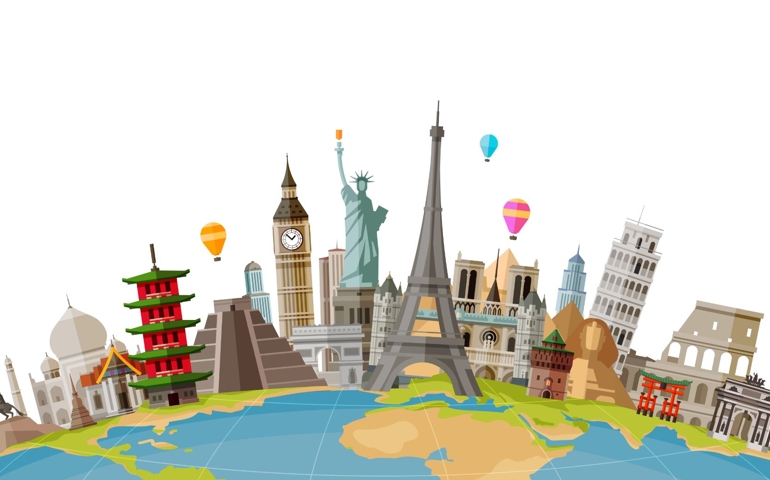 Travel, journey concept. Famous monuments of world countries. Vector illustration