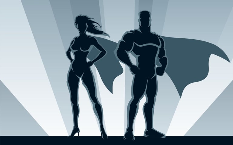 Superhero Couple: Male and female superheroes, posing in front of a light. No transparency used. Basic (linear) gradients used for the background. A4 proportions.