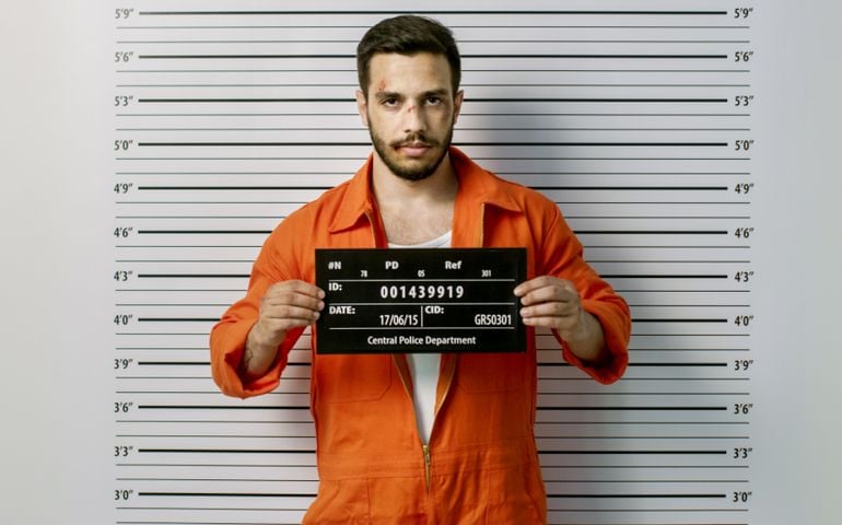 In a Police Station Arrested Man Getting Front-View Mug Shot. He's Wearing Prisoner Orange Jumpsuit and Holds Placard. Height Chart in the Background.