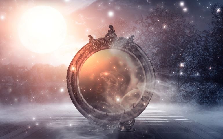 Dark forest, magic mirror. Night view, smoke, smog